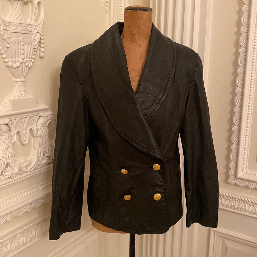 Wilsons black leather women’s coat with gold buttons, size small